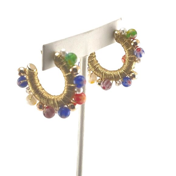 Handcrafted Gold-Tone Beaded Hoop Earrings Colorful Murano Glass Beads & Pearls - Picture 5 of 8